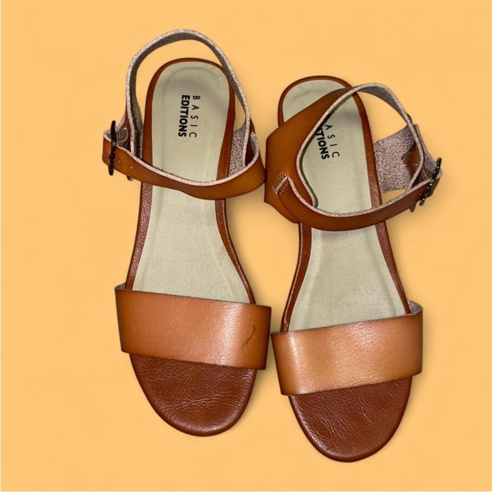 Basic Editions Tan Leather Wedge Cork Sandals 7